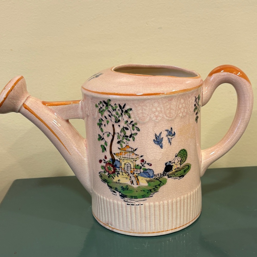 Vintage Japanese Pink Ceramic Watering Can with Asian Scenes